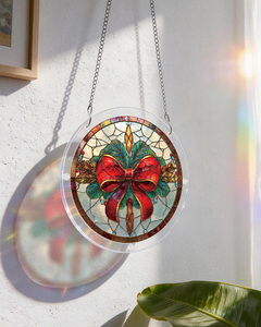 Round Stained Glass Suncatcher Christmas Bow <b>Ornament</b> Traditional Window Hanging Decor with <b>Red</b> Ribbon and Green Leaves Design - Product Image 5