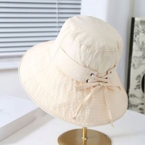 2025 Spring Summer New Solid Color Simple Wide Brim Bucket <b>Hat</b> Women Breathable Bow Design Travel Sunshade <b>Hat</b> - Product Image 1