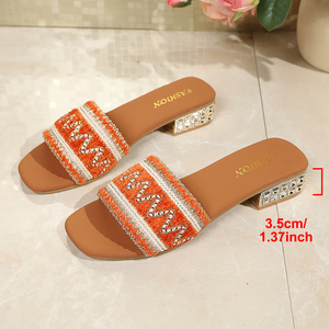 <span class=keywords><strong>Sandali</strong></span> da donna <span class=keywords><strong>arancioni</strong></span> intrecciati con <span class=keywords><strong>tacco</strong></span> basso, ciabatte boho con strass e punta aperta per l'estate e la spiaggia - Product Image 6