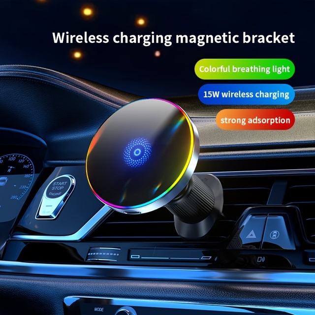 RGB Colorful Light 15W Fast Magnetic Wireless Car Charger Holder Foldable Extendable Air Vent Phone Mount