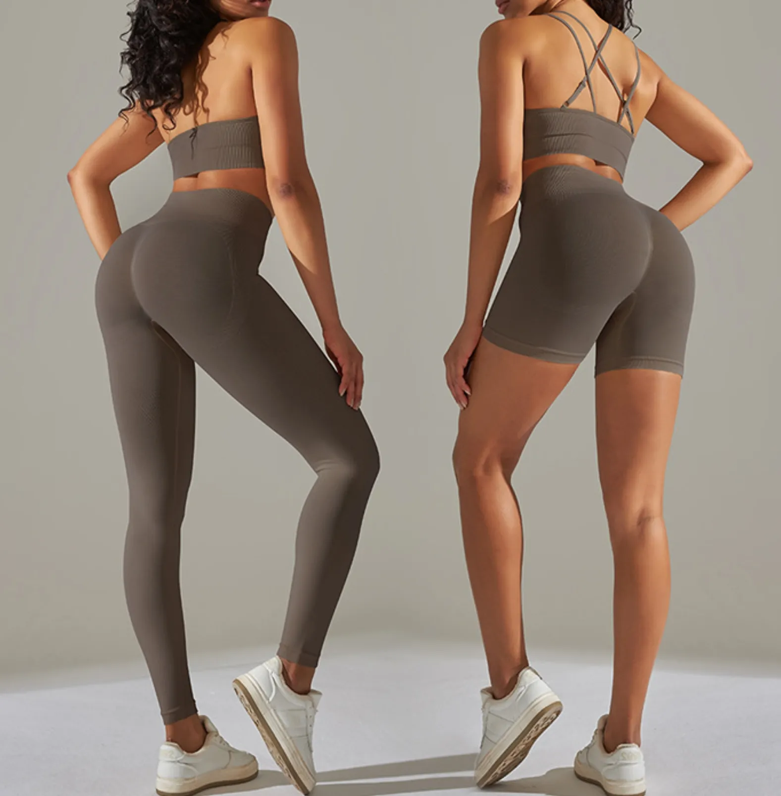 Ladies 2 / 4 Pcs Sem Costura 10 Cores Scrunch Ruched Butt Shorts Leggings Fino Spaghetti Halter Cross Strap Ajustável Bra Set