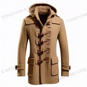 <strong>Men's</strong> Wool <strong>Duffle</strong> Cotton Hoodie Overcoat Horn Button <strong>Men</strong> Trench <strong>Coat</strong> - Product Image 1