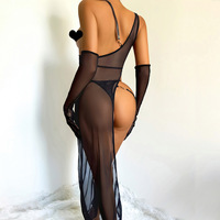 Gaun Dalam Wanita Seksi Model One Shoulder Berbahan Mesh Panjang dengan Thong, Sarung Tangan, dan Aksen Hollow Out, Lingerie Seksi, Private Label OEM Grosir Terbaru