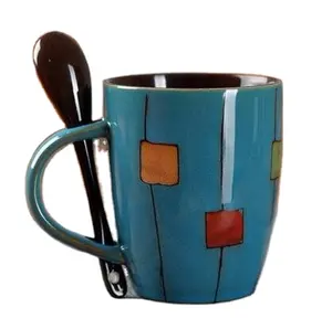 蓝色陶瓷咖啡杯带勺子，陶瓷250毫升耐用家用咖啡杯
