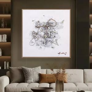 Nuovo Arrivo: Quadro su Tela Dipinto a Mano con Tecnica Mista, Natura Morta, Corda di Canapa e Pietra Naturale - Product Image 3