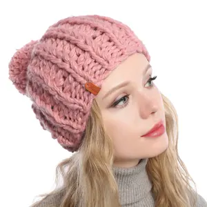 F-4869 new solid color women knit hats handmade chunky warm beanie with pom pom for wholesale
