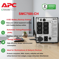 Alimentation électrique sans interruption monophasée SMC750I-CH 750VA 500W 230V pour poste de travail domestique, routeur et caisses enregistreuses de vente au détail