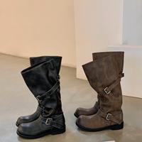 Nouvelles Bottes Western Vintage pour Femme Automne Hiver, Style Cowboy Ample avec Double Boucle Métallique, Mi-Mollet, Vente en Gros OEM ODM