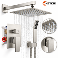 Système de douche pluie carré avec pommeau de douche à effet pluie, douchette à main, robinet mélangeur avec inverseur, ensemble de douche en laiton finition or, nickel, chrome