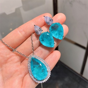 ชุดเครื่องประดับแฟชั่นรักษ์โลก ทองแดง จี้ขนาดใหญ่และต่างหู ขนาด 15*25/15*20 มม. ประดับด้วยเซอร์โคเนียสีน้ำเงินขนาดใหญ่ สำหรับลุคโดดเด่น - Product Image 4