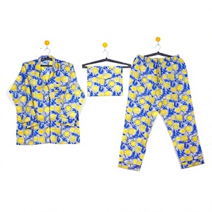 Ensemble de pyjama pour femmes en coton biologique de luxe à imprimé floral, de haute qualité, taille élastique personnalisée, manches longues, doux et respirant - Product Image 1