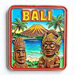 Pin Metálico de Recuerdo de Bali, Forma Rectangular, Esmalte Duro, Diseño de Arte Folclórico, Palmeras, Escena de Montaña, Regalo de Viaje - Product Image 6