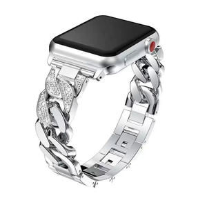 Correa de Acero Inoxidable de Lujo con Diamantes Brillantes <span class=keywords><strong>para</strong></span> Mujer, Correa de Reloj <span class=keywords><strong>Apple</strong></span>, Brazalete de Acero con Cadena Estilo Vaquero - Product Image 1
