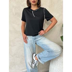 Camisetas de Verano Topshow, Transpirables, de Algodón, Estilo Y2K, Sexy, Negras, con Costuras de Pastor, Tallas XS-XL, Ajustadas, con Diseño de Diamantes - Product Image 2