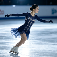 Robe de patinage artistique bleu marine à manches longues, jupe en mousseline de soie avec strass au dos rond, costume de performance pour compétition de patinage, sur mesure