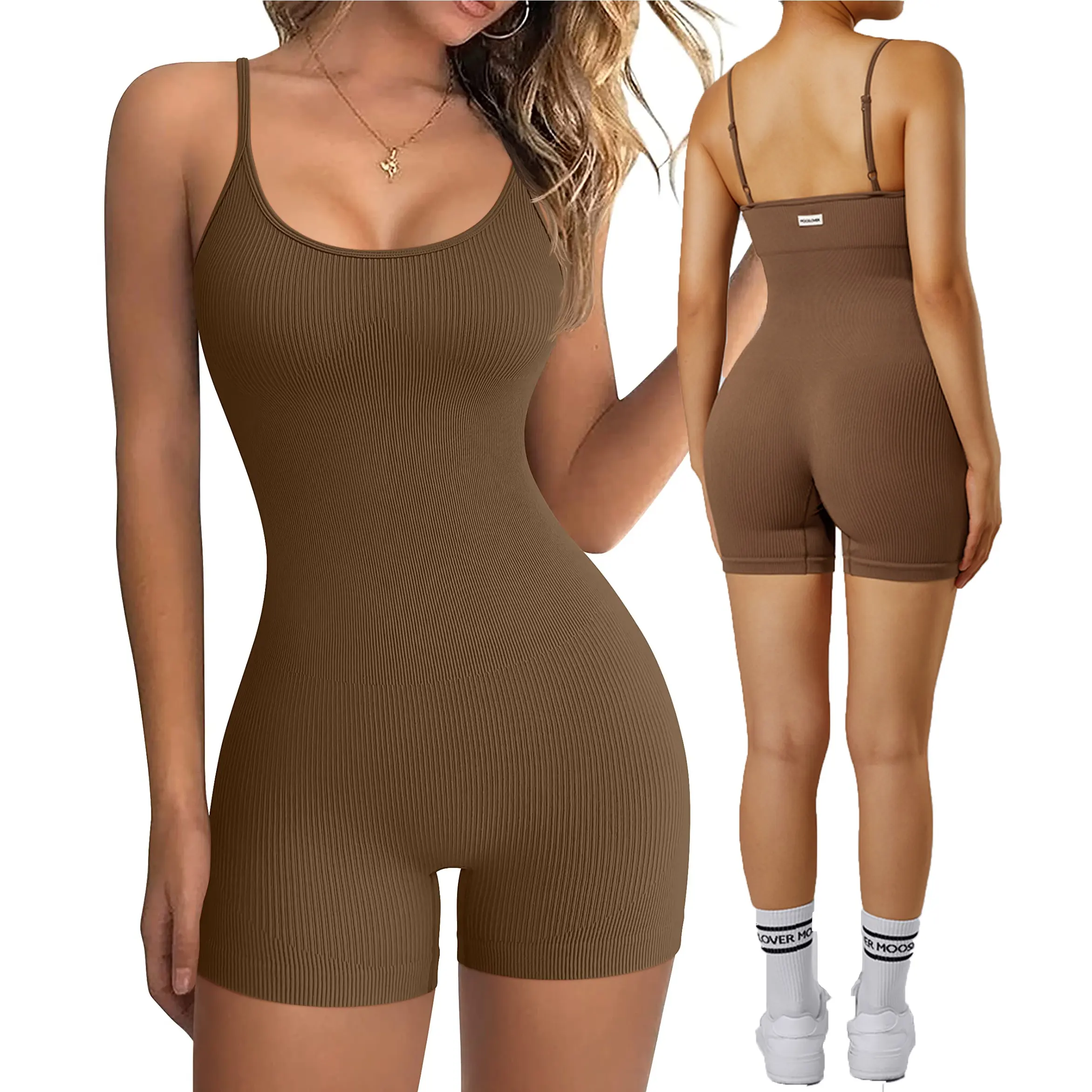 Vrouwen Yoga Jumpsuit Workout Naadloze Body Shaper Sport Geribbelde Korte Rompertjes Mouwloze Fitness Jumpsuit Uit Één Stuk