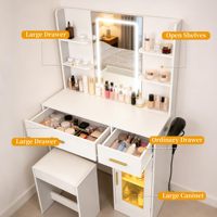 Coiffeuse LED blanche avec miroir haute définition à trois couleurs et intensité réglable, port de charge USB, tabouret moderne pliable en MDF, double couche