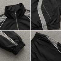 Setelan olahraga windbreaker oversized warna hitam abu-abu kontras, model longgar kasual bergaya vintage streetwear
