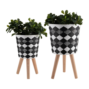 Supporti moderni per piante con vasi in resina scanalata per piante da interno ed esterno, gambe in legno di faggio, vasi per fiori, decorazioni per la casa - Product Image 3