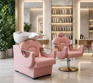 Fauteuil de Barbier Rose en PU de Luxe avec Accoudoirs Dorés, Chaise de Coiffure Hydraulique, Unité de Lavage de Cheveux pour Salon - Product Image 4