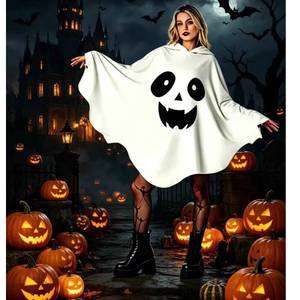 MS Halloween Funny Ghost <b>Poncho</b>, Adult Spooky Face Print Hooded Cape, Cosplay Party Vibe Photo Outfit - Product Image 5