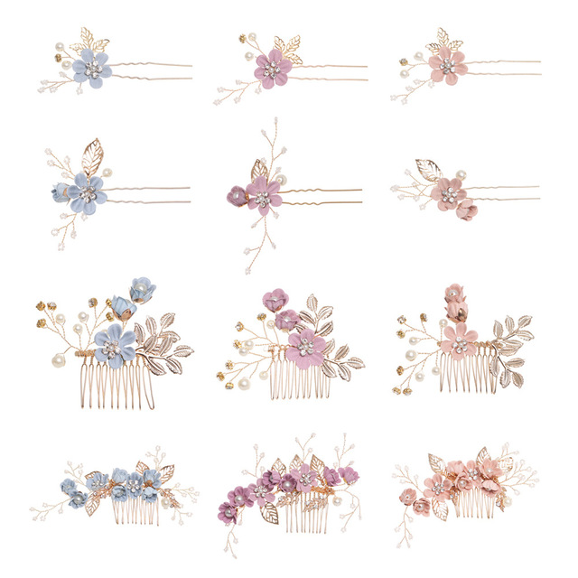 Blue Decorative Flower Bridal Wedding Hair Side Combs+U-shaped Flower Hair Pins+Twist Pearl Hair Pins Pieces Headpieces
