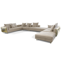 Canapé modulaire en L de luxe avec ottoman, en laiton martelé artisanal, tissu haut de gamme, mobilier de salon haut de gamme