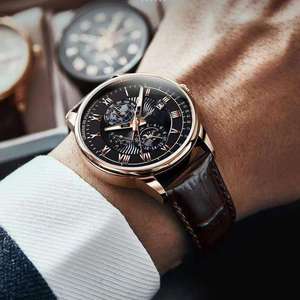 For 908 Men's <b>Watch</b> Alloy <b>Case</b> 20mm Leather Band Quartz Waterproof Luminous Pointer Calendar Everyday Casual Business <b>Watch</b> - Product Image 4