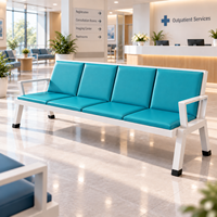 Banc d'attente moderne pour hôpital, 4 places, chaises rembourrées bleues, structure en métal blanc avec accoudoirs pour clinique, réception médicale