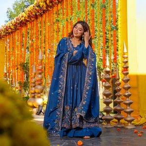 Blue Embroidered Anarkali Gown With Dupatta Heavy Silk Women Set Wedding Party Diwali Outfit - Product Image 1