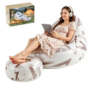 Canapé gonflable avec repose-pieds, floqué, portable, pour extérieur, pliable, marron et bleu - Product Image 3