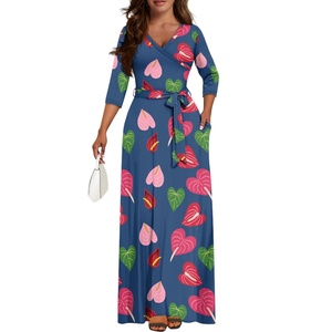 2024 nuevos productos personalizados Hawaii Life Anthurium flor estilo samoano estampado de talla grande Casual Sexy cuello en V <span class=keywords><strong>Maxi</strong></span> vestido estampado a pedido - Product Image 4