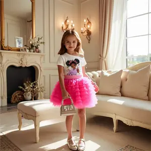 Set Pakaian Grosir untuk Balita Perempuan, Kaos Lengan Pendek Motif Kartun + Rok Tulle Berlapis Polos 2 Pcs - Product Image 3