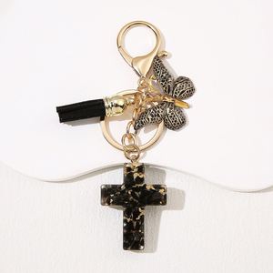 Wholesale Resin Stone Cross <b>Keychain</b> - Elegant Bag Hanger Pendant with Tassel Butterfly Charm - Product Image 4