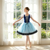 Tenue de danse pour filles, tutu de ballet en velours bleu foncé pour enfants, manches courtes bouffantes blanches, nœud en dentelle croisé, jupe en tulle rayée