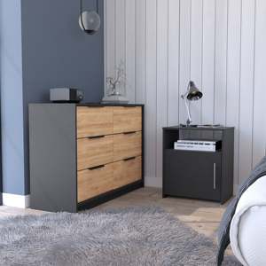 Commode à 4 tiroirs Egeo, table de chevet Omaha, ensemble de chambre à coucher en pin noir - Product Image 1