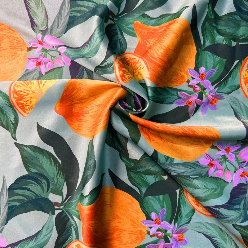 Customized Designer 100 Polyester Home Textile Fruit Printed Satin Fabric