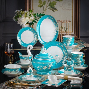 Juego de Vajilla de Porcelana Europea de 60 Piezas con Juego de Tazas, Diseño de <span class=keywords><strong>Palacio</strong></span> <span class=keywords><strong>Chino</strong></span> con Patrón Escénico, Minimalista, para Uso en Hoteles - Product Image 1
