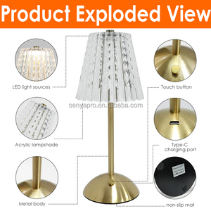 Lampe de table LED sans fil <span class=keywords><strong>rechargeable</strong></span> en or de luxe moderne avec abat-jour en cristal pour mariage, restaurant, dîner, lumière d'ambiance - Product Image 2