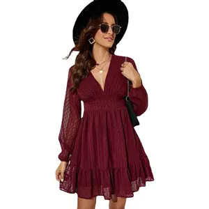 New Arrived Autumn Arrival V Neck Long Sleeve High Waist Dresses Women Lady Elegant Club Dresses