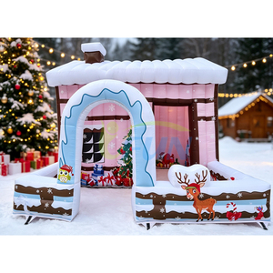 Tente gonflable commerciale <span class=keywords><strong>rose</strong></span> en forme de maison de Noël, Grotte du Père Noël avec château rebondissant pour la décoration extérieure des fêtes - Product Image 1