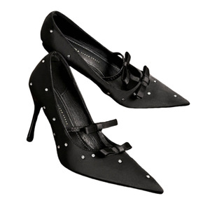 Zapatos de Tacón Alto para Mujer, Elegantes, Estilo Francés, con Lazo, Punta Cuadrada, Negros, con Pedrería, de Una Sola Capa, Tacón de 7-10 cm, de Goma - Product Image 5
