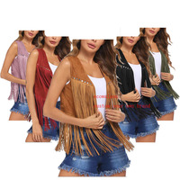 Veste sans manches en faux daim ethnique avec franges longues, style hippie des années 70, cardigan vintage, costume de cowgirl pour femme, idéal pour la performance