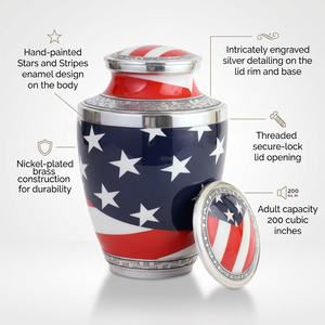 Urna de Aluminio con Bandera Americana para Cenizas Humanas, Fabricante Directo, Urna Grande para Adultos con Capacidad para 200 Pulgadas Cúbicas - Product Image 3