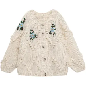 Custom Warm Embroidery Floral Loose Ladies Chunky Long Sleeve Heavy Thick Cable Knitting Sweaters Women Cardigan Sweater