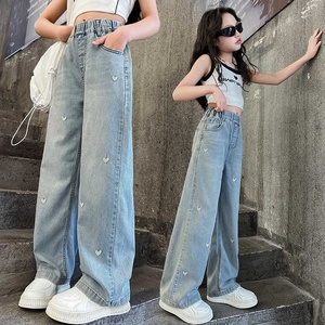 D187 Nuovi Jeans in Cotone a Gamba Dritta per Ragazze con Ricami, <span class=keywords><strong>Pantaloni</strong></span> Sportivi per Bambini per Autunno e Inverno - Product Image 6