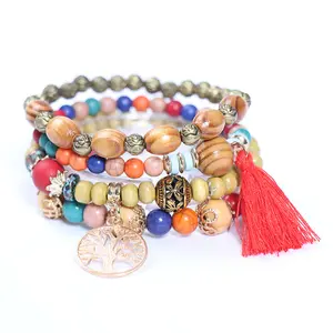 Frauen Statement Beach Wind Stapelbare Naturstein Quaste Perle Mala Multilayer Elastic Holz Glas Perlen Armbänder Armreifen