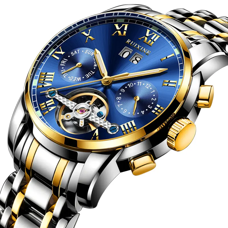 RUIXINE R836 Hollow out Flywheel Design Fully Automatic Mechanical Watches Stainless Steel Band Waterproof Men Watch
