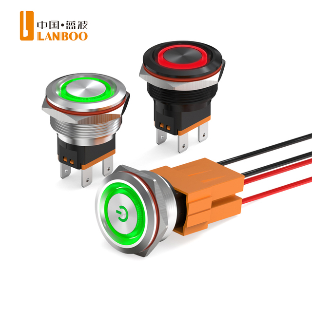 LANBOO LB-25C 25MM IP65 High-Current 15A LED Push Button Switch 2NO Industrial Automation Custom Length 22mm Mounting Hole 24V