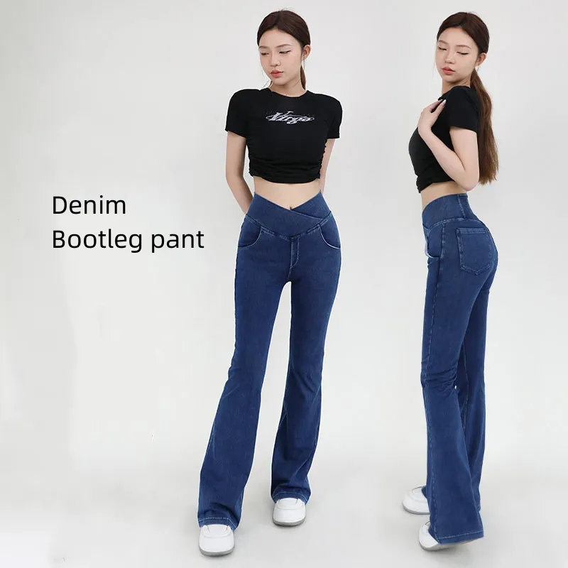 Nouveau femmes taille croisée Denim Bootleg pantalon 4 voies Stretch Yoga pantalon respirant bout à bout Leggings grande taille vêtements de sport